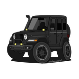 Black 4 door Jeep Wrangler sticker with snorkel, brush guard, and aftermarket accessory lights