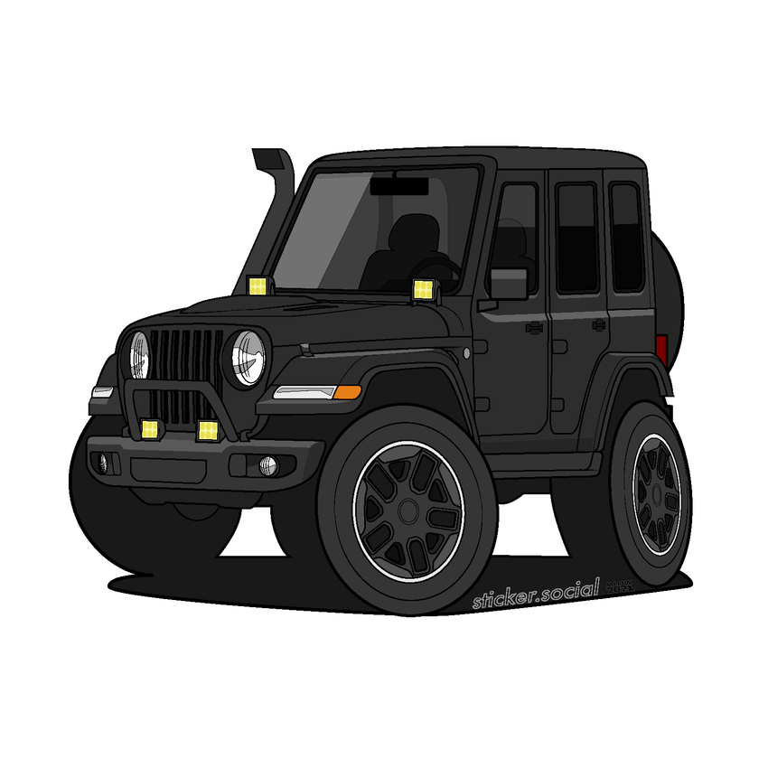 Black 4 door Jeep Wrangler sticker with snorkel, brush guard, and aftermarket accessory lights