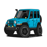 Blue 4 door Jeep Wrangler sticker with snorkel, brush guard, and aftermarket accessory lights