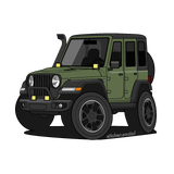 Green 4 door Jeep Wrangler sticker with snorkel, brush guard, and aftermarket accessory lights