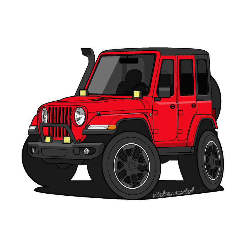 Red 4 door Jeep Wrangler sticker with snorkel, brush guard, and aftermarket accessory lights